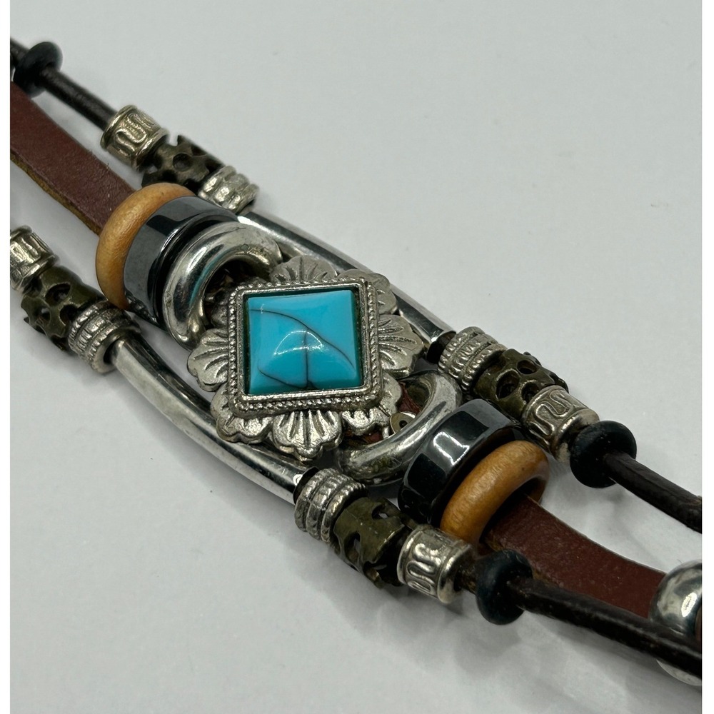 Leather‎ Southwestern bracelet TurquoiseStone Stainless Steel Multi Strand